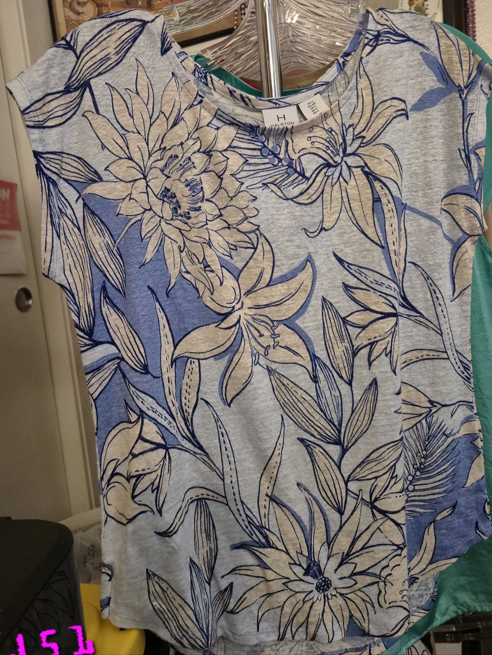 Halston 100% Linen Coastal Floral Print Cap Sleeve Top Blue & Cream Small